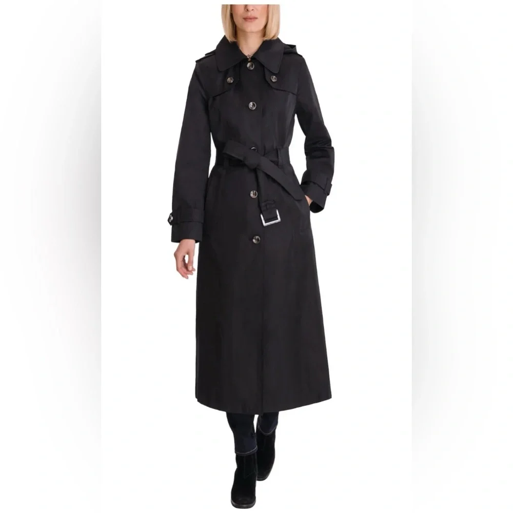 London Fog Black Belted Trench Coat NWT Long Classic Rain Coat Large